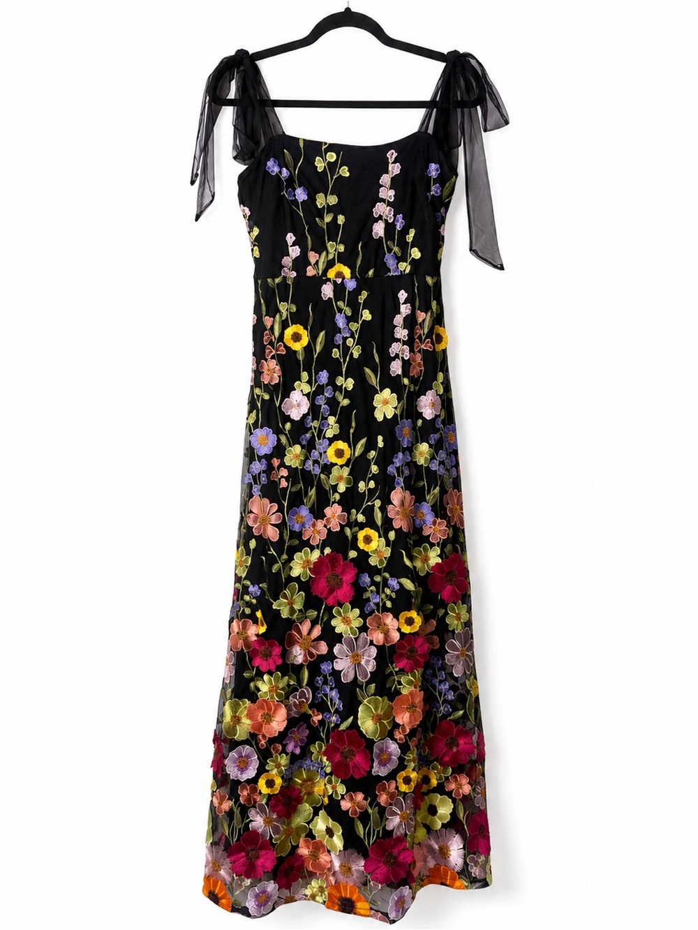 Lulus ✨ Thriving Poise Black 3D Floral Embroidered Tie-Strap Maxi Dress - Picture 3 of 16